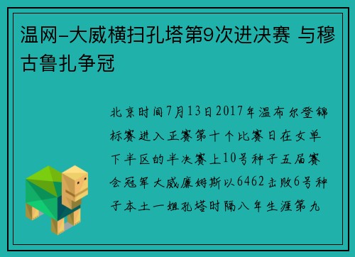 温网-大威横扫孔塔第9次进决赛 与穆古鲁扎争冠