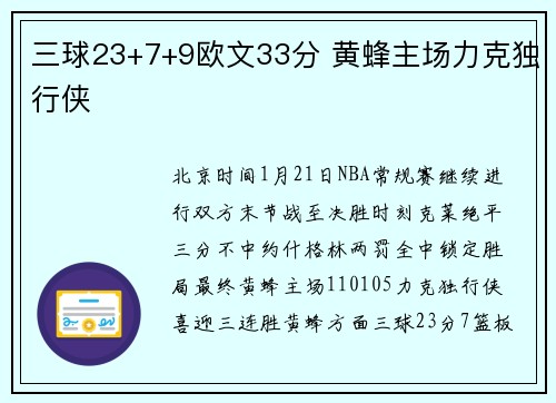 三球23+7+9欧文33分 黄蜂主场力克独行侠